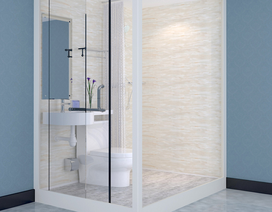 Phòng tắm đúc sẵn kiểu mô-đun với tường ngoài bằng kính để lắp đặt nhanh chóng và hiệu quả