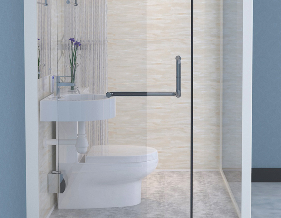 Phòng tắm đúc sẵn kiểu mô-đun với tường ngoài bằng kính để lắp đặt nhanh chóng và hiệu quả