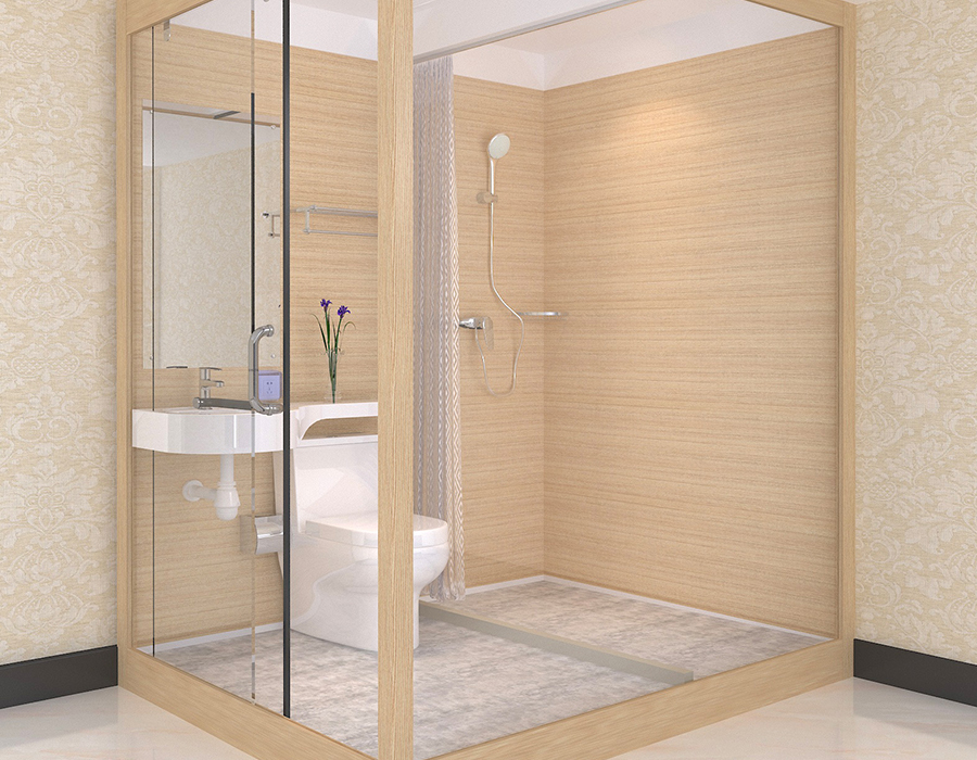 Phòng tắm đúc sẵn với tấm tường bên trong bằng sợi nhựa PEC và tường ngoài bằng kính