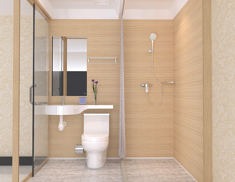 Phòng tắm đúc sẵn với tấm tường bên trong bằng sợi nhựa PEC và tường ngoài bằng kính